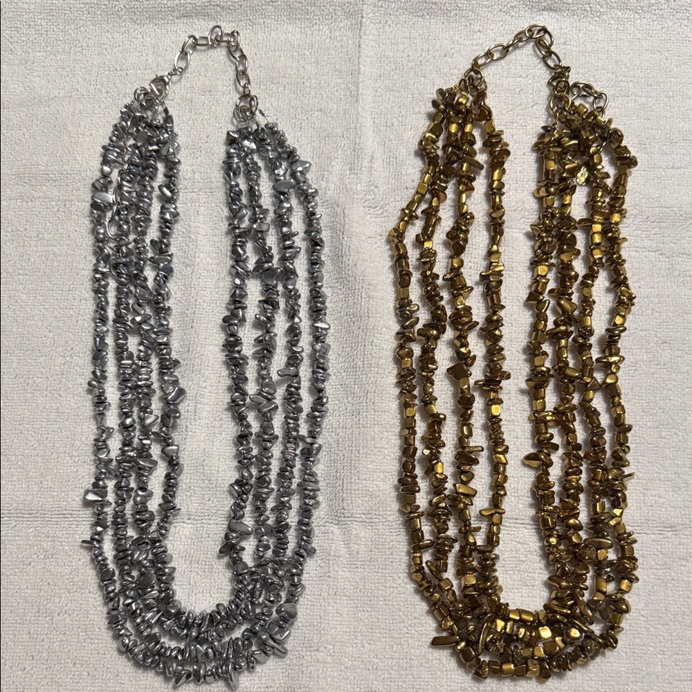 Sassy Jones Multi-Strand Metallic Chip Necklace - Silver and Gold